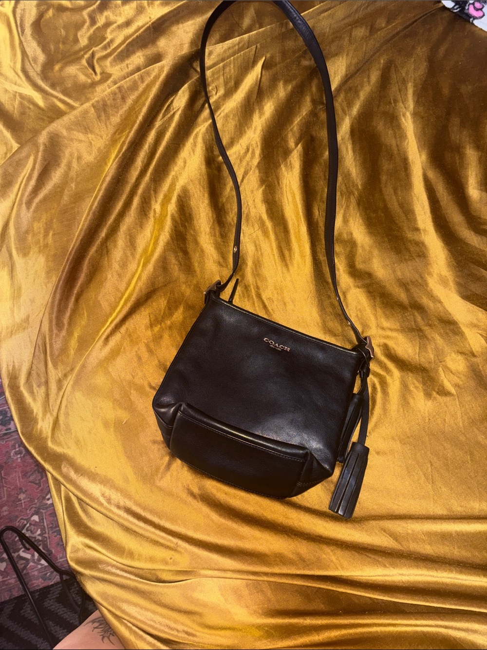 Coach Black Pebble Leather Crossbody Bag with Gold Logo